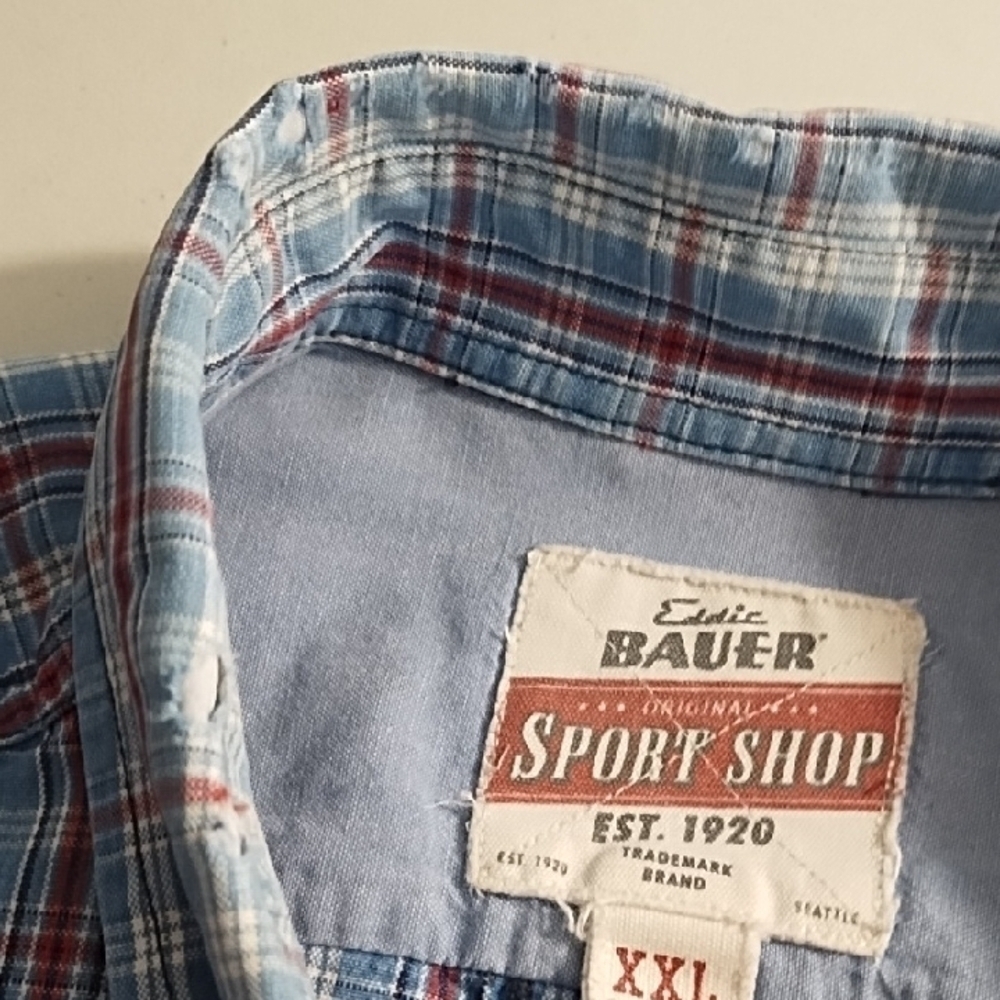 Eddie Bauer Sports Shop Men's Blue Plaid Work Shirt Pocket Cotton - Picture 7 of 13